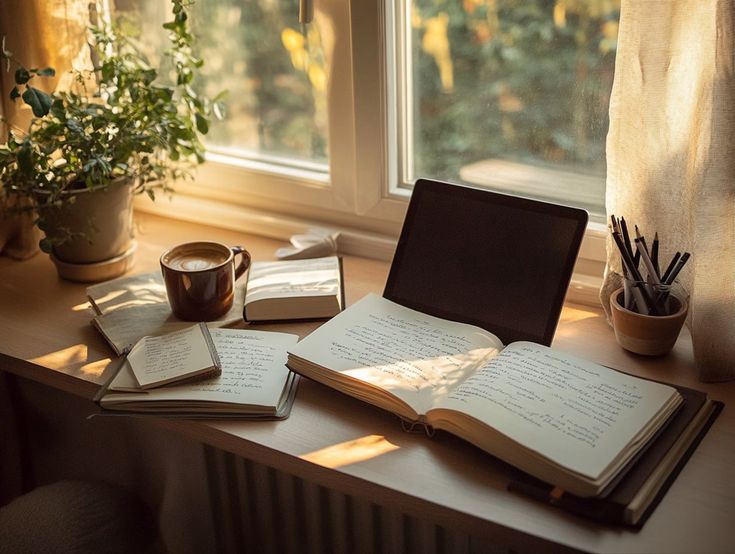 Calm desk corner with notebook and warm light for steady routines